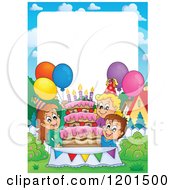 Cartoon Of A Border Of Happy Children Around A Cake At A Birthday Party Royalty Free Vector Clipart
