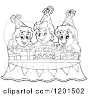 Poster, Art Print Of Outlined Happy Children Around A Cake And Pesents At A Birthday Party
