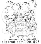 Poster, Art Print Of Happy Outlined Children With Balloons Around A Cake At A Birthday Party