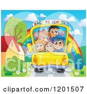 Cartoon Of A Crowded Bus With A Driver And Children And Back To School Banner Royalty Free Vector Clipart