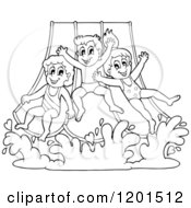 Cartoon Of Happy Outlined Children Going Down A Water Park Slide Royalty Free Vector Clipart