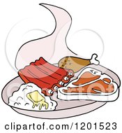 Cartoon Of A Plate Of Hot Ribs T Bone Steak Chicken Drumstick And Mashed Potatoes Royalty Free Vector Clipart by LaffToon