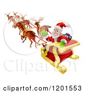 Santa Looking Back And Waving While Flying In His Magic Reindeer Sleigh
