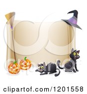Poster, Art Print Of Halloween Scroll Sign With Black Cats Jackolanterns A Broomstick And Witch Hat