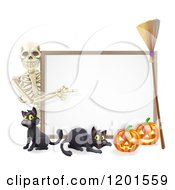 Poster, Art Print Of Skeleton Pointing To A Halloween Sign With Black Cats A Broomstick And Pumpkins