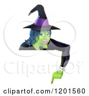 Poster, Art Print Of Green Halloween Witch Wearing A Hat And Pointing Down At A Sign