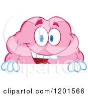 Cartoon Of A Pink Brain Mascot Smiling Over A Sign Royalty Free Vector Clipart