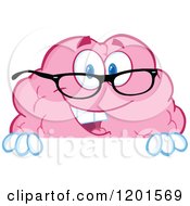 Cartoon Of A Pink Brain Mascot With Glasses Smiling Over A Sign Royalty Free Vector Clipart
