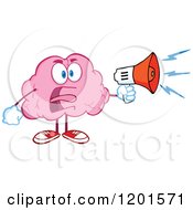 Shouting Angry Pink Brain Mascot With A Megaphone