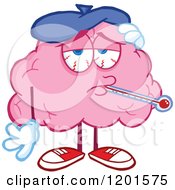 Cartoon Of A Sick Pink Brain Mascot With A Thermometer And Ice Pack Royalty Free Vector Clipart by Hit Toon
