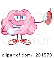 Cartoon Of A Happy Pink Brain Mascot Holding And Pointing To A Cell Phone Royalty Free Vector Clipart by Hit Toon