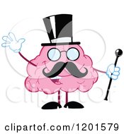 Poster, Art Print Of Waving Happy Pink Brain Mascot Gentleman With A Top Hat Mustache And Cane