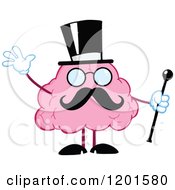 Waving Pink Brain Mascot Gentleman With A Top Hat Mustache And Cane by Hit Toon