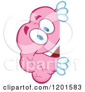 Poster, Art Print Of Pink Brain Mascot Smiling Around A Sign