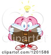 Poster, Art Print Of Creative Pink Brain Mascot With A Light Bulb Reading A Book