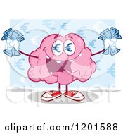 Poster, Art Print Of Pink Brain Mascot With Euro Eyes And Cash Over Blue