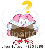Poster, Art Print Of Confused Pink Brain Mascot With A Question Mark Reading A Book