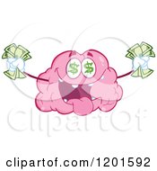 Cartoon Of A Pink Brain Mascot With Dollar Eyes And Cash Royalty Free Vector Clipart