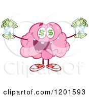 Poster, Art Print Of Rich Pink Brain Mascot With Dollar Eyes And Cash
