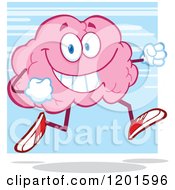 Poster, Art Print Of Happy Pink Brain Mascot Running Or Jogging Over Blue