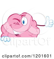 Cartoon Of A Pleased Pink Brain Mascot Winking And Holding A Thumb Up Over A Sign Royalty Free Vector Clipart by Hit Toon