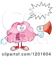 Cartoon Of A Shouting Angry Pink Brain Mascot With A Megaphone And Speech Balloon Royalty Free Vector Clipart by Hit Toon