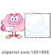 Cartoon Of A Pink Brain Mascot Holding And Pointing To A Sign Royalty Free Vector Clipart by Hit Toon