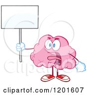 Cartoon Of A Pink Brain Mascot Shouting And Holding A Sign Royalty Free Vector Clipart