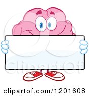 Cartoon Of A Pink Brain Mascot Holding A White Sign Royalty Free Vector Clipart