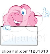 Cartoon Of A Pink Brain Mascot Winking And Holding A Thumb Up Over A Sign Royalty Free Vector Clipart