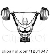 Clipart Of A Black And White Male Bodybuilder Lifting A Barbell Weight 2 Royalty Free Vector Illustration