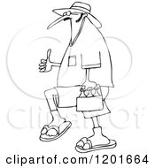Cartoon Of An Outlined Man Carrying Beer And Holding A Thumb Up Royalty Free Vector Clipart