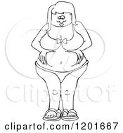 Cartoon Of An Outlined Chubby Woman In A Bikini Squeezing Her Belly Fat Royalty Free Vector Clipart by djart