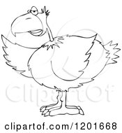 Cartoon Of An Outlined Bird Pointing With A Wing Royalty Free Vector Clipart