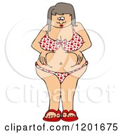 Cartoon Of A Chubby Woman In A Polka Dot Bikini Squeezing Her Belly Fat Royalty Free Vector Clipart by djart