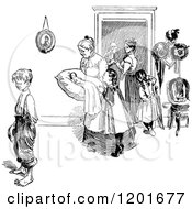 Clipart Of A Vintage Black And White Mother With A Baby And Children Royalty Free Vector Illustration