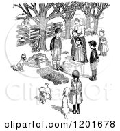 Clipart Of A Vintage Black And White Mother With Children Around A Dog Grave Royalty Free Vector Illustration