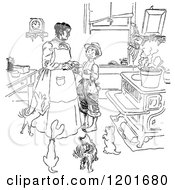 Clipart Of A Vintage Black And White Boy And Mother With Dogs In A Kitchen Royalty Free Vector Illustration