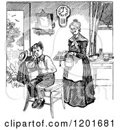 Clipart Of A Vintage Black And White Bored Boy And Mother With Dogs At The Door Royalty Free Vector Illustration by Prawny Vintage