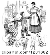 Clipart Of A Vintage Black And White Mother And Boys With Dogs Royalty Free Vector Illustration