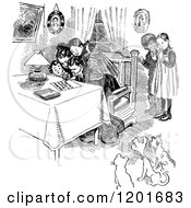 Clipart Of A Vintage Black And White Mother And Children Writing A Letter With Dogs Royalty Free Vector Illustration