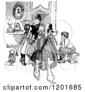 Clipart Of A Vintage Black And White Mother And Children With Dogs Royalty Free Vector Illustration