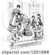 Clipart Of A Vintage Black And White Mother And Children With Dogs On A Porch Royalty Free Vector Illustration