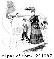 Clipart Of A Vintage Black And White Mother And Son Walking Royalty Free Vector Illustration