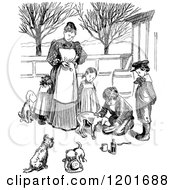 Vintage Black And White Mother And Children Giving Dogs Medicine