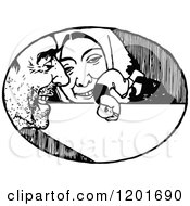 Clipart Of A Vintage Black And White Couple Watching A Tiny Boy Royalty Free Vector Illustration