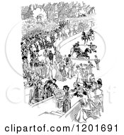 Clipart Of A Vintage Black And White Busy Street Scene Royalty Free Vector Illustration