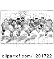 Clipart Of A Vintage Black And White Angry Team Running Forward Royalty Free Vector Illustration