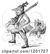 Clipart Of A Vintage Black And White Marching Britsh Hunter And Man In A Plant Royalty Free Vector Illustration