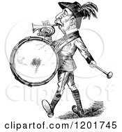 Clipart Of A Vintage Black And White Man Playing A Drum And Horn Royalty Free Vector Illustration